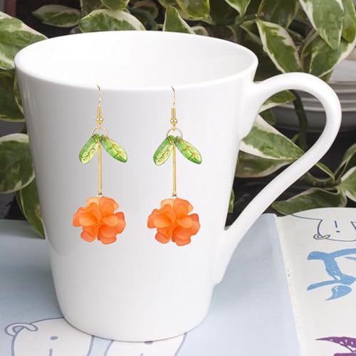Resin Flower Cluster Ball Dangle Drop Earrings for Women Spring Summer Bohemian Floral Petal with Green Leaf Earrings Vacation Party Jewelry - color: Orange