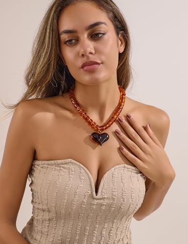 WOWORAMA Chunky Heart Necklaces for Women Colorful Resin Beaded Choker Necklace Gold Puffy Heart Statement Necklace Trendy Acrylic Choker Jewelry - color: Brown