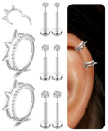 Small Cartilage Double/Triple-Hoop Helix Conch Piercing Earrings With Cubic Zirconia For Women Trendy 14K Gold Plated Titanium Surgical Stainless Steel Sets Nose Rings Hoops Septum Rings - color: Silver, style: D-4Pairs-16Gauge-Double CZ hoop