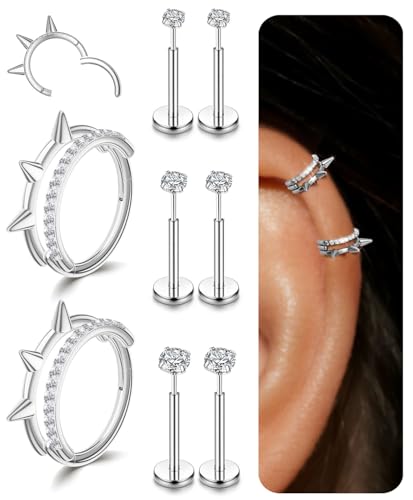Small Cartilage Double/Triple-Hoop Helix Conch Piercing Earrings With Cubic Zirconia For Women Trendy 14K Gold Plated Titanium Surgical Stainless Steel Sets Nose Rings Hoops Septum Rings - color: Silver, style: D-4Pairs-16Gauge-Double CZ hoop