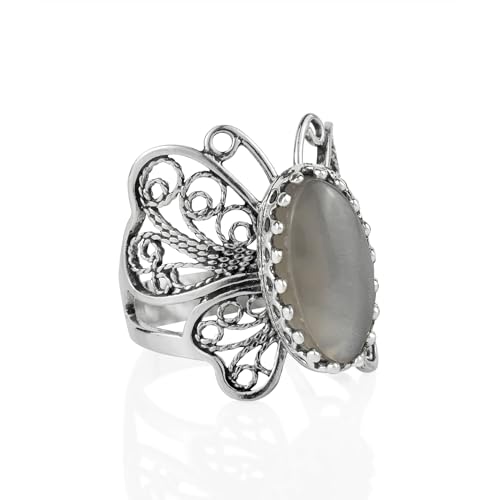 Filigranist Sterling Silver Filigree Art Butterfly Women Cocktail Ring with Gemstones - color: Gray Moonstone