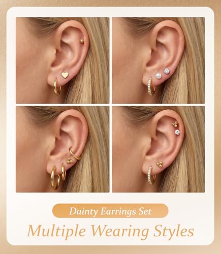 Incaton Hypoallergenic Flat Back Earrings for Women Silver 14K Gold Plated Surgical Stainless Steel Stud Earrings Cubic Zirconia Cartilage Studs Earrings For Multiple Piercing Sensitive Ears - color: I-Gold