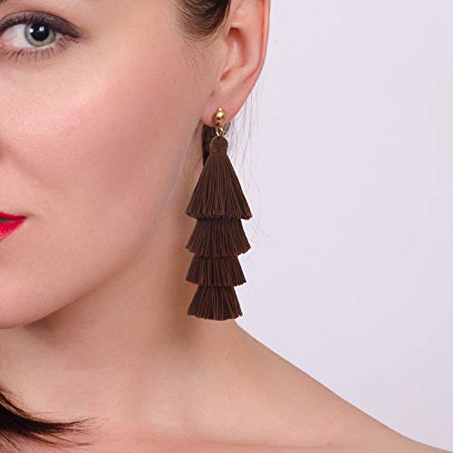 BaubleStar Tassel Earrings Handmade Tiered Thread Tassel Dangle Earrings, Multi Colors - color: Chocolate