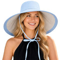 Wide Brim Sun Hat for Women Reversible Beach Hats Metal Wired Edge Gardening Hats, UPF 50+ Bucket Summer Hat - color: Blue Beige