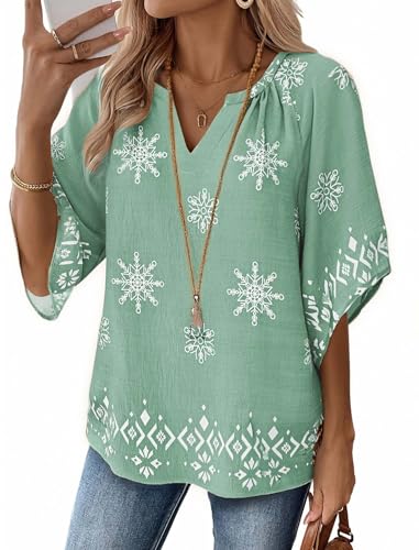 Zeagoo Womens Tops 3/4 Sleeve V Neck Bohemian Blouses Casual Loose Fit Tunic Boho Shirts Floral Printed Clothes - color: Light Green Mz915, size: Large