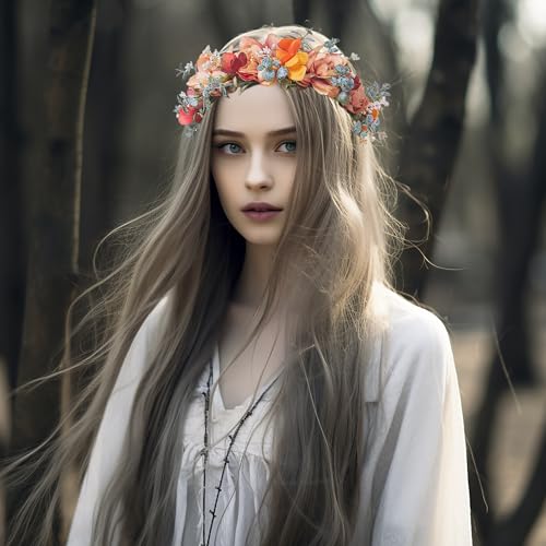 Vivivalue Fairy Flower Crown Floral Headband Elf Headpiece for Women Princess Halloween Cosplay Renaissance Wedding Party Bridal Photoshoot Orange - color: H