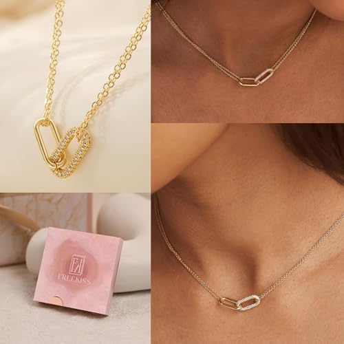 Freekiss Gold Pendant Necklace for Women, Dainty Diamond Necklaces for Women Simple 14K Gold Plated Paperclip Choker Necklaces Cute Minimalist Open Oval Necklaces Gold Jewelry for Women Gifts - color: Gold, style: Double Chunky Paperclip-gold