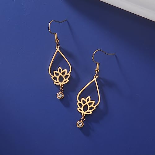 TEAMER Stainless Steel Lotus Flower Dangle Earrings Bohemian Drop Earring Unique Geometric Jewelry for Women - color: Lotus 6-Gold