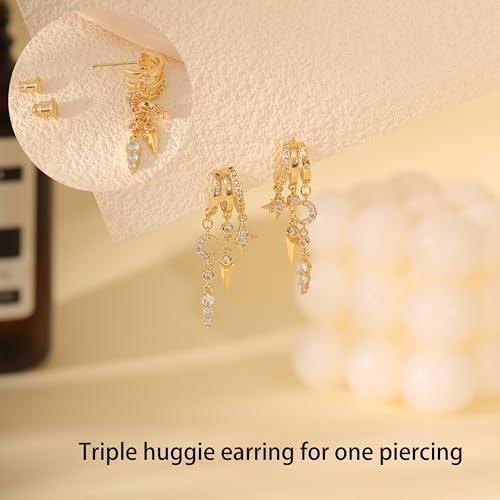 Dangle Earrings For Women, Dainty Gold Drop Statement Earrings 14K Gold Plated Long Huggie Earrings for Women Trendy Hypoallergenic Dangly Earrings Small Triple Hoops Earrings Fashion Jewelry - color: gold-star