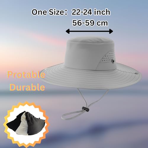 Wide Brim Nylon Sun Hat for Men Women Premium Packable Outdoor Fishing Hiking Hat Breathable Vent Holes Foldable for Beach - color: Grey
