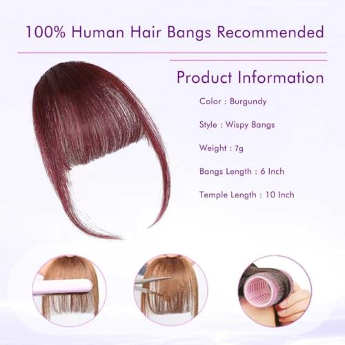 100% Real Human Hair Extensions Wispy Clip in Burgundy Fake Bangs Hair Clip on for women Fringe with Temples Hairpieces Faux Bangs for Daily Wear - color: Wispy-Burgundy-99j, size: Wispy Bangs