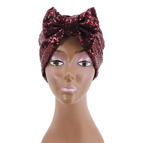 Erinaco Women Sparkle Sequin African Turban Bow Knot Pre-Tied Cap Pleated Ruffle Bonnet Beanie Hat Headwrap Skull Caps - color: Wine Red Sequin