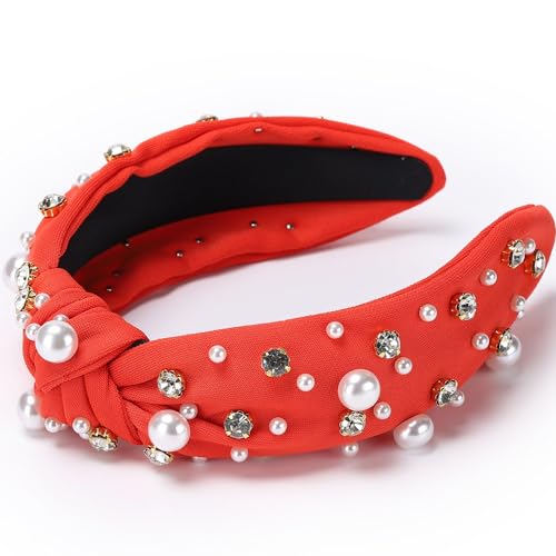 WantGor Pearl Knotted Headband, Women Rhinestone Embellished Hairband Elegant Wide Top Knot Bride Headbands Headpieces Party Fashion Elegant Ladies Hair Band Hair Hoop Accessories (Red) - color: Red