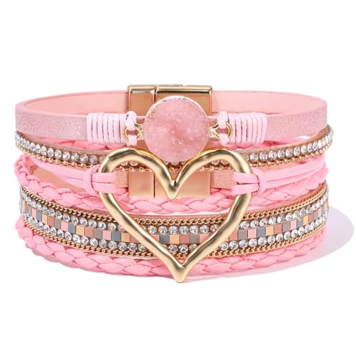 Boho Leather Wrap Bracelets Beaded Stackable Cuff Bracelet Country Concert Outfits Cowboy Cowgirl Western Jewelry Gifts for Women - color: Heart-Pink