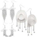 RechicGu 3 Pairs Western Cowgirl Cowboy Hat Earrings Set Silver Symmetric Boots Sparkly Rhinestone Tassels Drop Dangle Rural Culture Earrings Set For Women - color: Silver Boots,White Hat