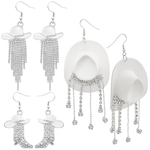 RechicGu 3 Pairs Western Cowgirl Cowboy Hat Earrings Set Silver Symmetric Boots Sparkly Rhinestone Tassels Drop Dangle Rural Culture Earrings Set For Women - color: Silver Boots,White Hat