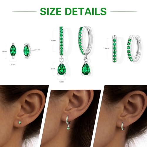 14K Gold Plated Small Huggie Hoop Earrings Set for Women, Hypoallergenic Dainty Sterling Silver Dangle Studs for Cartilage Helix, Lightweight Trendy Cute Stack Birthstone Jewelry Gift - color: 05_Emerald_May_Silver