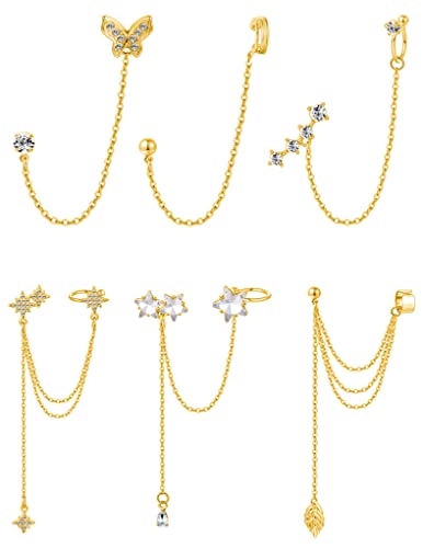 Tornito 6-12Pcs Cuff Earring Chain Leaf Snowflake Star Butterfly with CZ Crawler Climber Earring Studs Drop Dangling Chain Wrap Tassel Earring for Women Men 20G Silver Gold Tone - color: B:Gold Tone