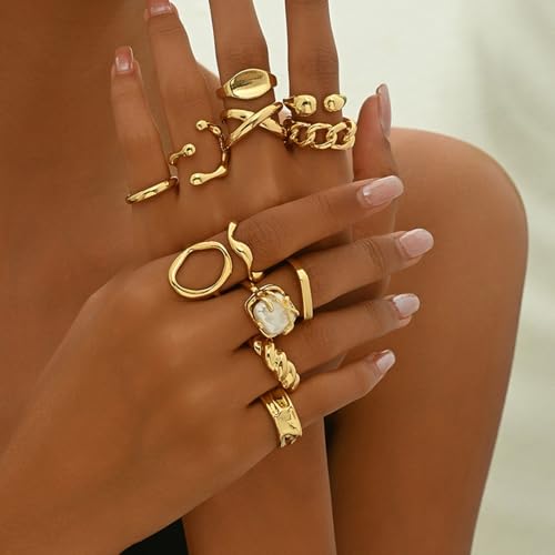 Gold Rings for Women Non Tarnish Stackable Rhinestone Moon Star Rings Dainty Stacking Pearl Butterfly Midi Pinky Thumb Joint Finger Knuckle Ring Set Gold Non Tarnish Jewelry Gifts Trendy Stuff - color: G Chunky Gold Rings 12Pcs