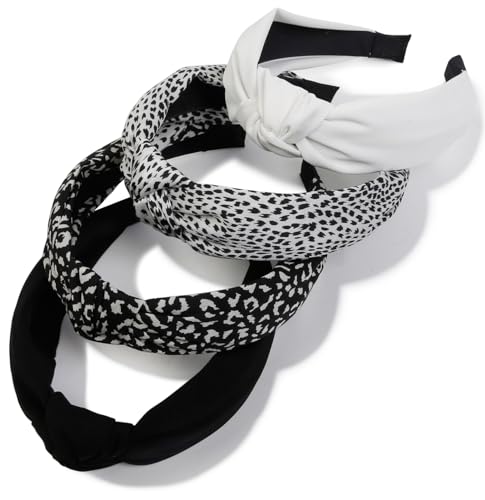 Knotted Headbands for Women: Non-Slip Fashion Hair Accessories with Cute Wide Top Knot Hoops for Hair in Black, White, and Leopard Print - color: Black White Cheetah Head Band