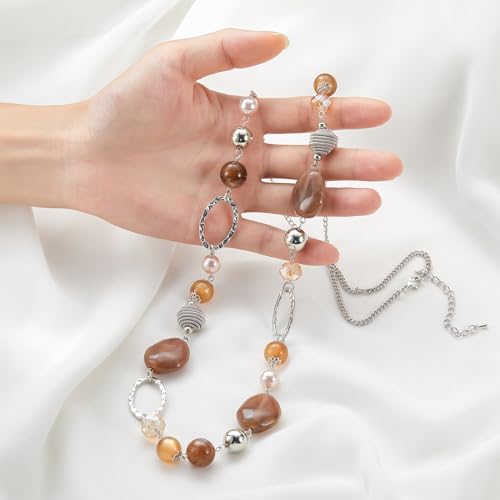 BULINLIN Beaded Long Necklace for Women Silver Sweater Chain Necklace with Crystal Resin Beads, Fashion Jewelry Necklace - color: Brown