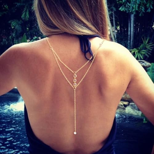 Eyraevor Rhinestone Back Chain Necklace Bridal Wedding Backdrop Back Necklace for Women Summer Backless Dress Body Jewelry (Gold)