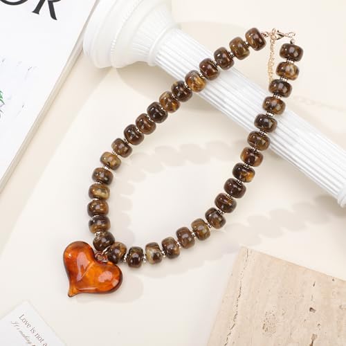 Chunky Colorful Beaded Statement Boho Summer Beach Chokers Necklace Heart Pendant Pink Green Yellow Brown Fashion Jewelry - color: Gold-brown3