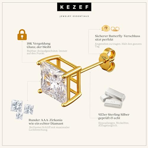 KEZEF Sterling Silver Stud Earrings for Women & Men - 4-Prong Setting Cubic Zirconia Earrings Studs - Premium CZ S925 Hypoallergenic - Available in 14K White and Yellow Gold, Rose Gold - 3mm to 9mm - color: 14K Yellow Gold, size: 9mm - Large