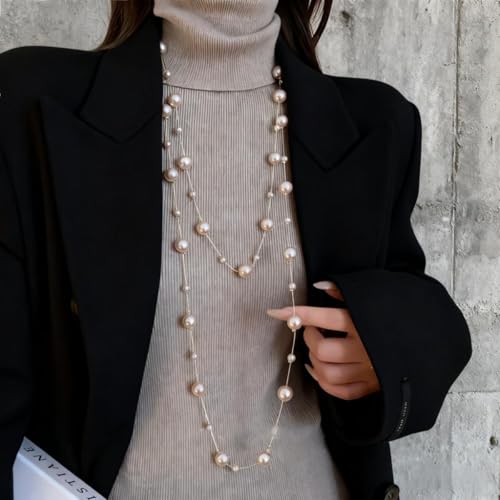 Layered Pearl Necklaces for Women Big Pearl Long Chain Necklace Dainty Faux Pearl Necklaces Statement Sweater Strand Chain Jewelry - style: champagne