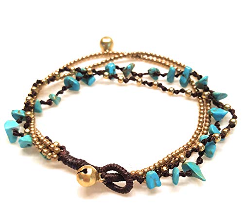 Infinityee888 Turquoise Anklet Bracelet with Bell Stone Handmade Brass Bead Bells Indian Boho Anklet for women -JA076