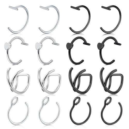 Briana Williams Fake Lip Piercing Fake Lip Ring Fake Nose Ring Fake Nose Piercing Faux Lip Rings Fake Snake Bite Piercing Clip on Non Piercing Double Cartilage Helix Earrings Ear Cuff for Women Men - color: E -8pairs silver & black