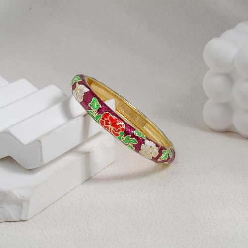 Vintage Flower Cuff Bangles Gold Plated Cloisonne Chinoiserie Peony Floral Elegant Bracelet Gifts For Women - color: purple