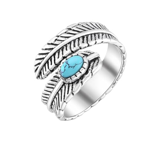 Silver Plated Feather Ring | 925 Silver Adjustable Open Ring | Vintage Leaf Design Inspirational Jewelry for Men & Women | Hypoallergenic Boho Statement Ring - color: Healing Turquoise