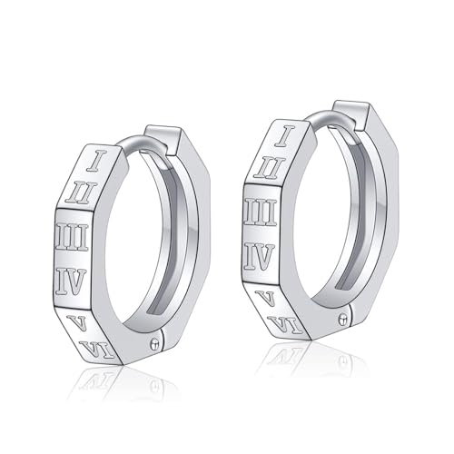 LeCalla 925 Sterling Silver Small Huggie Hoop Earrings for Men | Retro Style Engraved Roman Number Geometric Hoops Earring 15MM