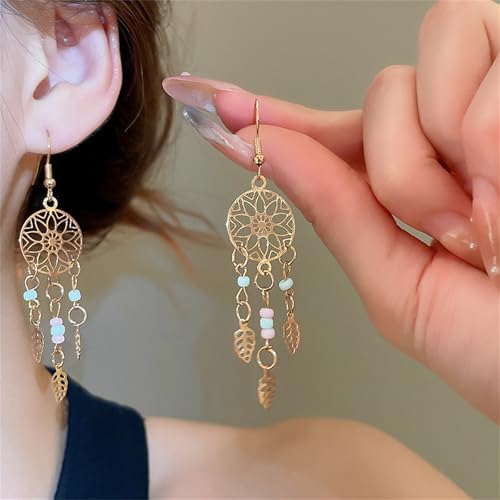 Boho Turquoise Drop Earrings Retro Long Copper Feather Tasse Metal Leaf Dangle Earrings Vintage Country Western Jewelry Cowgirl Ethnic Style Geometric Concert Festival Accessories for Women - color: Gold Tassel