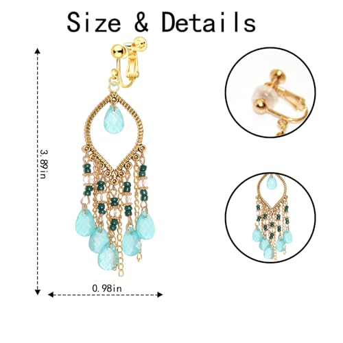 Clip on Tassel Dangle Earrings for Boho Women, Non Pierced, Colorful Feather Handmade Beads Fashion Vintage Fringe Jewelry for Parties Weddings Festivals Trendy Statement Earrings for Bohemian - color: Green B