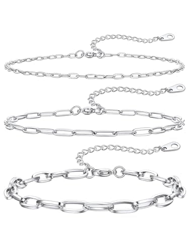 ChainsHouse Ankle Bracelets for Women, Stainless Steel Chain Anklets Waterproof, Women Summer Beach Jewelry Gift, Come with Box - color: 03. 3Pcs-(2+3+6mm)-Paperclip-Steel