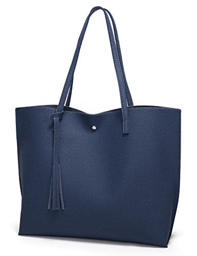Dreubea Women's Soft Faux Leather Tote Shoulder Bag from, Big Capacity Tassel Handbag - color: Dark Blue