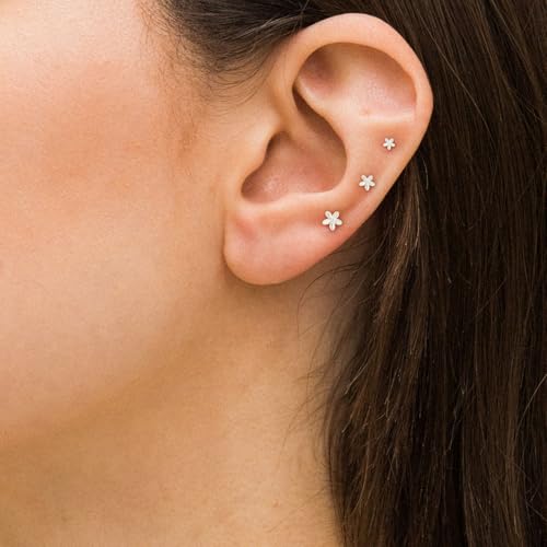 VRIUA 20G Tiny Flat Back Earrings for Women - 14K Gold/Silver Plated Small Flat Back Stud Earrings Hypoallergenic Cartilage Helix Piercing Jewelry - color: 4/5/6mm-Flower Flat Silver