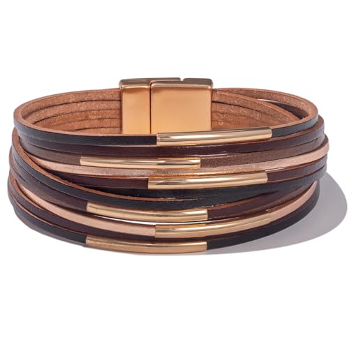 FANCY SHINY Boho Leather Bangle Bracelets Stackable Noodle Tube Bracelets Layered Wrap Cuff Bracelets with Magnetic Clasp - color: Brown