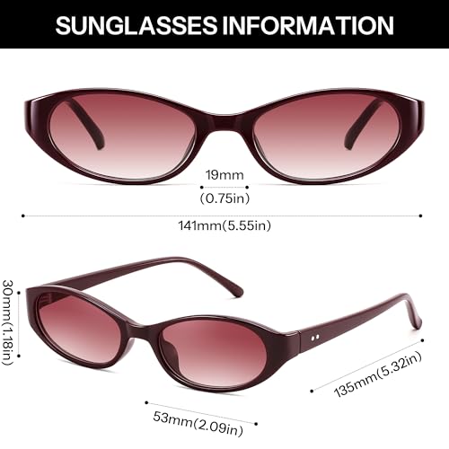 FEISEDY Retro Oval Womens Sunglasses, Trendy Cat Eye Skinny Chic Narrow Y2K 90s Small Sunnies B9177 - color: Wine Red Frame - Gradient Red