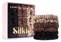 SILKIE x6 Set 100% Pure Mulberry Silk Black Brown Chocolate Pink Nude Neutral Skinny Scrunchies Travel Pouch Everyday Hair Ties Elastics Hair Care Ponytail Holder No Damage (Truffle) - color: Truffle