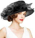 Women's Kentucky Derby Church Dress Hat Wide Brim Leaf Flower Bridal Shower Hat - color: A9 Black