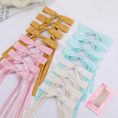 WORTL Hair Bows Clips Coquette Ribbon Bowknot with Long Tail Princess Hair Bows French Barrettes Hair Accessories for Women Girls 16PCS (Pink, Yellow, Cream, Aquamarine) - color: Pink, Yellow, Cream, Aquamarine