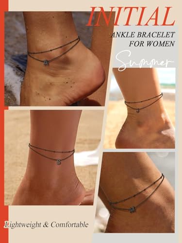 FaithHeart Initial Ankle Bracelets for Women, Waterproof 14k Gold Plated Initial Anklets Non Tarnish Stainless Steel Cute Layered Anklet Summer Beach Jewelry - color: Black, size: Initial A
