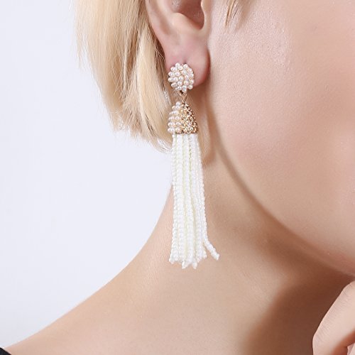 NLCAC Women's Beaded tassel earrings Long Fringe Drop Earrings Dangle 6 Colors - color: pearl
