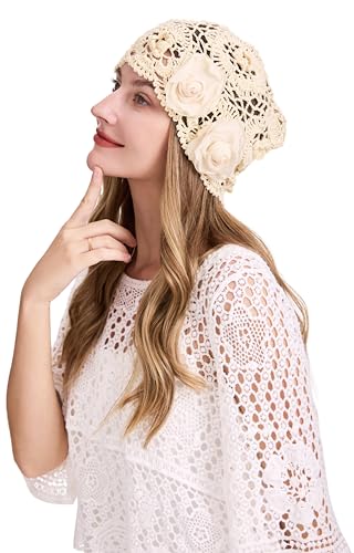 ZLYC Women Cotton Crochet Slouchy Beanie Hat Handmade Knit Summer Skull Cap - color: Decorative Flowers Beige