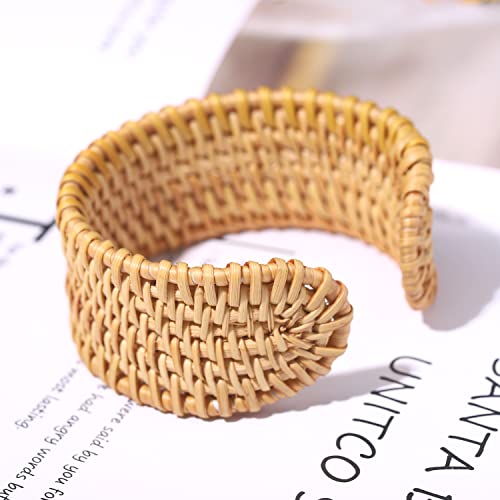 Rattan Bracelet Handmade Lightweight Straw Wicker Braid Cuff Bangle Bracelet Statement Adjustable Bohemian Rattans Woven Chunky Bracelets for Summer Wrist Jewelry - style: A Rattan Cuff Bracelet