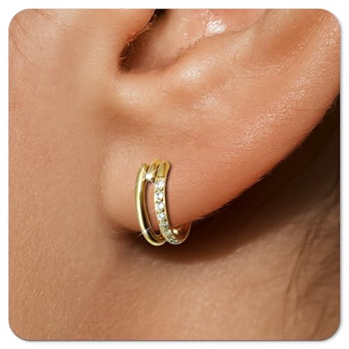Small Cartilage Double/Triple-Hoop Helix Conch Piercing Earrings With Cubic Zirconia For Women Trendy 14K Gold Plated Titanium Surgical Stainless Steel Sets Nose Rings Hoops Septum Rings - color: 14K Gold, style: B-4Pairs-16Gauge-Double CZ hoop