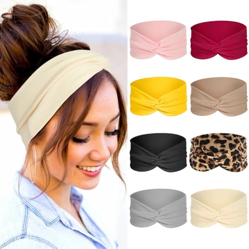 8 Pack Headbands for Women's Hair, Elastic Wide Head Bands, Soft Fabric, Vintage Fashion Headbands, Headband Boho Fashion Knotted Head for Sports, Yoga, Skincare, Outdoor Occasions - color: #B - 8pc